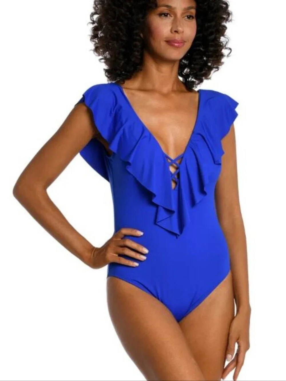 NWT La Blanca Island Goddess Sapphire Ruffled V-Neck One-Piece Swimsuit Size 4
